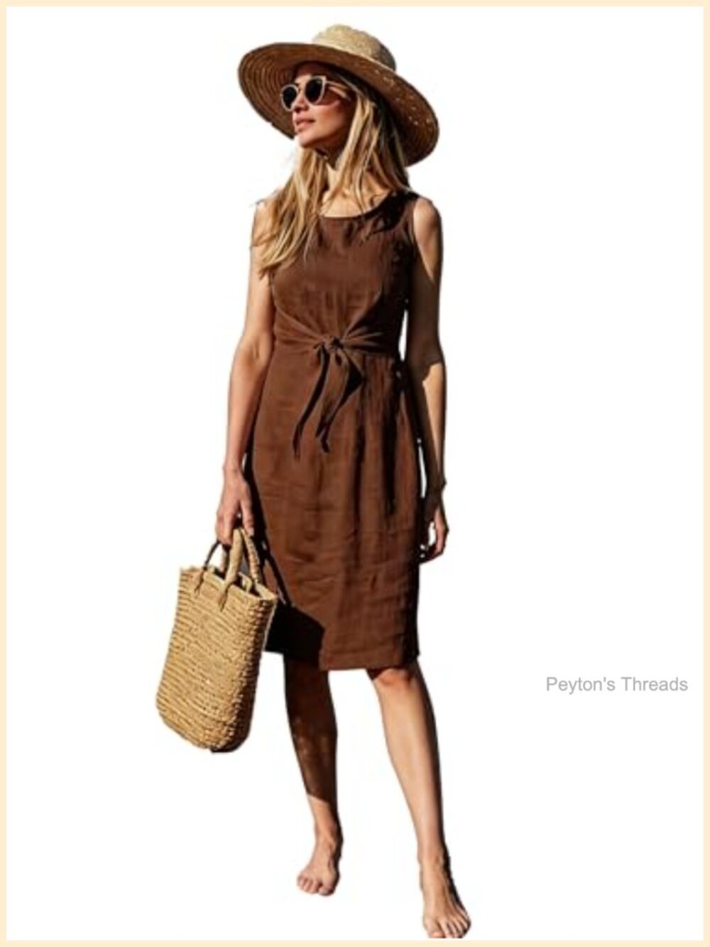 100% Linen Sleeveless Tie Waist Midi Dress Sheath